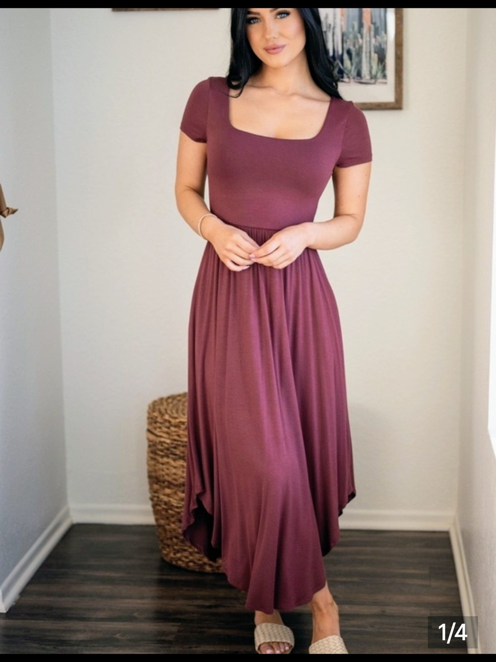Sozy Emma Dress. Square Neck Short Sleeve Maxi Dress in Mauve